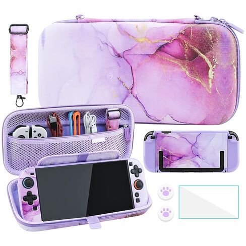 FANPL Cute Case Bundle for Nintendo Switch 2 Accessories, Travel Carrying Cover for Switch 2 with Hard Glitter Skin, Adjustable Strap, Screen Protector, Thumb Grip Caps (Purple Marble) in Saudi Arabia