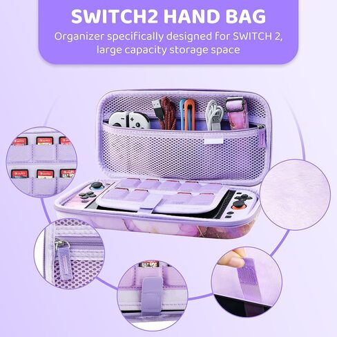 FANPL Cute Case Bundle for Nintendo Switch 2 Accessories, Travel Carrying Cover for Switch 2 with Hard Glitter Skin, Adjustable Strap, Screen Protector, Thumb Grip Caps (Purple Marble) in Saudi Arabia