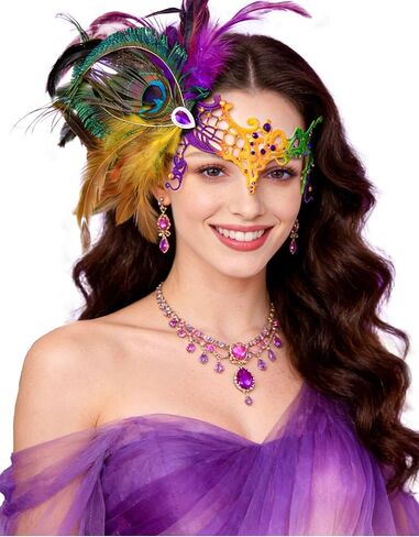 Feather Lace Mask for Women - Half Face Masquerade Mask for Glasses- Phantom Masks for Halloween, Venetian Party, Mardi Gras in Saudi Arabia