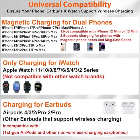 محطة شحن لاسلكية مغناطيسية مزدوجة للهاتف لأجهزة Apple/نظام Apple البيئي، مع مفتاح تلقائي 7 ألوان وساعة، متوافقة مع iPhone 17/16/15، وiWatch 11/10/9 وAirPods Pro3 (أسود) in Kuwait