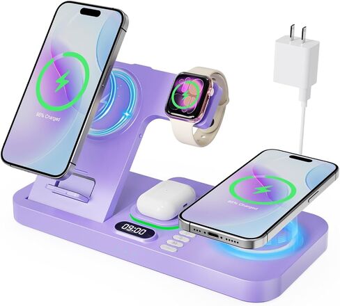 محطة شحن لاسلكية مغناطيسية مزدوجة للهاتف لأجهزة Apple/نظام Apple البيئي، مع مفتاح تلقائي 7 ألوان وساعة، متوافقة مع iPhone 17/16/15، وiWatch 11/10/9 وAirPods Pro3 (أسود) in Kuwait