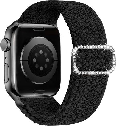 KYISGOS Stretchy Solo Loop Compatible with Apple Watch Band 42mm 41mm 40mm 38mm Women, Nylon Strap with Bling Pearl and Diamond Buckle for iWatch Series 11 10 9 8 7 6 5 4 3 2 1 SE (Black/Rose Gold) in Saudi Arabia