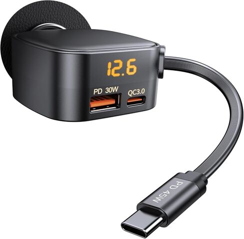 شاحن سيارة قابل للسحب USB C، محول شاحن سيارة سريع الشحن 93 وات مع عرض الجهد الكهربي، [QC3.0 & PD 45W] محول شاحن USB ولاعة سجائر 12-24 فولت لهاتف iPhone 17 16 Galaxy iPad Android in Kuwait
