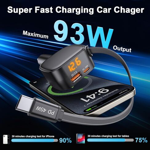 شاحن سيارة قابل للسحب USB C، محول شاحن سيارة سريع الشحن 93 وات مع عرض الجهد الكهربي، [QC3.0 & PD 45W] محول شاحن USB ولاعة سجائر 12-24 فولت لهاتف iPhone 17 16 Galaxy iPad Android in Kuwait