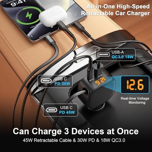 شاحن سيارة قابل للسحب USB C، محول شاحن سيارة سريع الشحن 93 وات مع عرض الجهد الكهربي، [QC3.0 & PD 45W] محول شاحن USB ولاعة سجائر 12-24 فولت لهاتف iPhone 17 16 Galaxy iPad Android in Kuwait