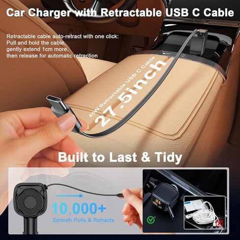 شاحن سيارة قابل للسحب USB C، محول شاحن سيارة سريع الشحن 93 وات مع عرض الجهد الكهربي، [QC3.0 & PD 45W] محول شاحن USB ولاعة سجائر 12-24 فولت لهاتف iPhone 17 16 Galaxy iPad Android in Kuwait