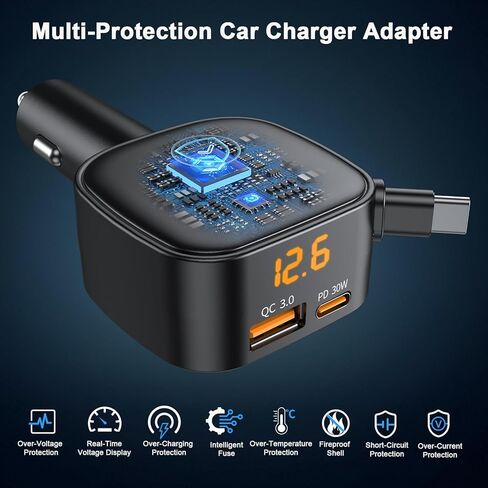 شاحن سيارة قابل للسحب USB C، محول شاحن سيارة سريع الشحن 93 وات مع عرض الجهد الكهربي، [QC3.0 & PD 45W] محول شاحن USB ولاعة سجائر 12-24 فولت لهاتف iPhone 17 16 Galaxy iPad Android in Kuwait