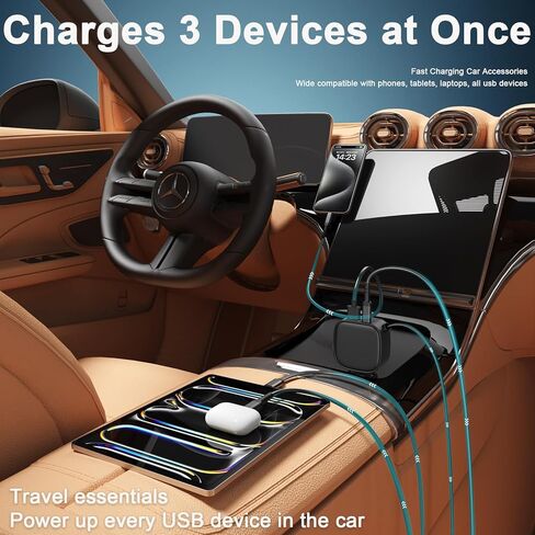 شاحن سيارة قابل للسحب USB C، محول شاحن سيارة سريع الشحن 93 وات مع عرض الجهد الكهربي، [QC3.0 & PD 45W] محول شاحن USB ولاعة سجائر 12-24 فولت لهاتف iPhone 17 16 Galaxy iPad Android in Kuwait