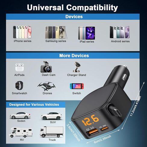 شاحن سيارة قابل للسحب USB C، محول شاحن سيارة سريع الشحن 93 وات مع عرض الجهد الكهربي، [QC3.0 & PD 45W] محول شاحن USB ولاعة سجائر 12-24 فولت لهاتف iPhone 17 16 Galaxy iPad Android in Kuwait