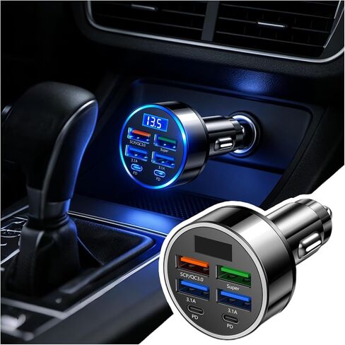 6 Ports Car Cigarette Lighter Adapter,Upgraded Car Cigarette Lighter USB Charger with Super/PD/3.1A/QC3.0 as Vehicle Electronics,24V/12V Cars Charger Adapter with LED Voltage Display in Saudi Arabia