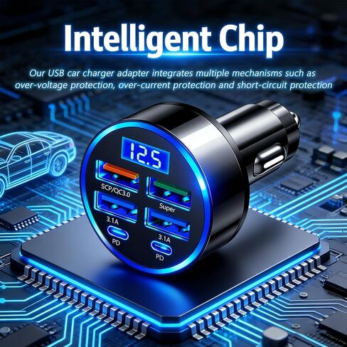 6 Ports Car Cigarette Lighter Adapter,Upgraded Car Cigarette Lighter USB Charger with Super/PD/3.1A/QC3.0 as Vehicle Electronics,24V/12V Cars Charger Adapter with LED Voltage Display in Saudi Arabia