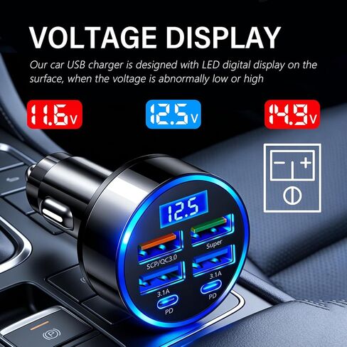 6 Ports Car Cigarette Lighter Adapter,Upgraded Car Cigarette Lighter USB Charger with Super/PD/3.1A/QC3.0 as Vehicle Electronics,24V/12V Cars Charger Adapter with LED Voltage Display in Saudi Arabia