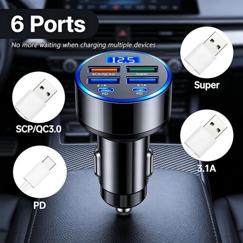 6 Ports Car Cigarette Lighter Adapter,Upgraded Car Cigarette Lighter USB Charger with Super/PD/3.1A/QC3.0 as Vehicle Electronics,24V/12V Cars Charger Adapter with LED Voltage Display in Saudi Arabia