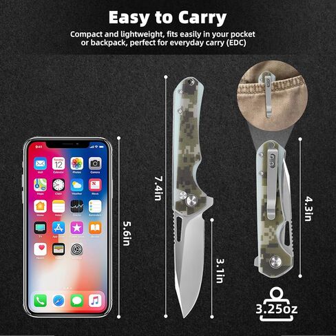 ZENG Folding Pocket Knife, 3.15" D2 Steel Blade Pocket knives, G10 Handle Small EDC Knife, Liner Lock knife, Pocket Knife with Clip for Men Women, Sharp Pocket knives for Camping Hiking Hunting (Camo) in Saudi Arabia