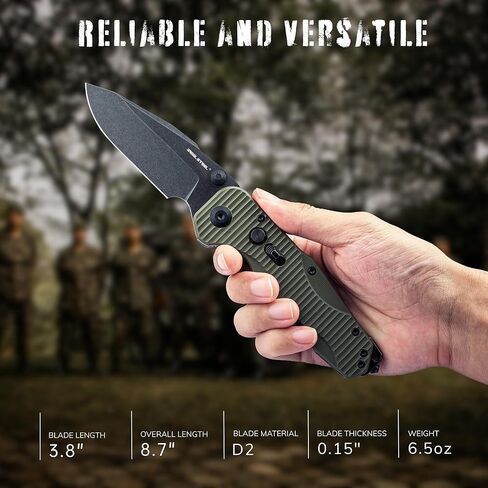 Realsteel Evolution Ironclad سكين جيب قابل للطي، 3.8 بوصة Droppoint D2 Blade، قفل إطار الزر، مقبض G10، مسمار الإبهام، مفتاح أمان، 6.5oz، EDC تكتيكي داخلي خارجي، تخييم، المشي لمسافات طويلة، الاستخدام اليومي، هدية للرجال والنساء (قطرة ستونواش أسود) in Kuwait