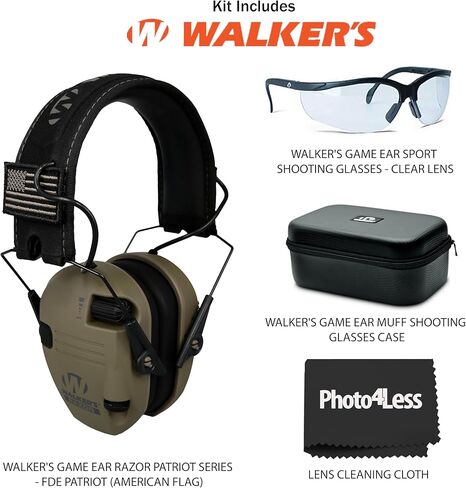 Walker's Razor Slim Earmuffs Razor Patriot Series - FDE American Flag, Bundle Game Ear Sport Glasses - Clear Lens, Weather-Resistant Storage Case in Saudi Arabia