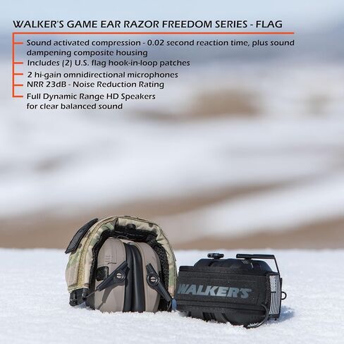 Walker's Razor Slim Earmuffs Razor Patriot Series - FDE American Flag, Bundle Game Ear Sport Glasses - Clear Lens, Weather-Resistant Storage Case in Saudi Arabia
