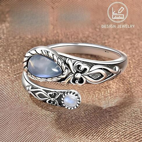 S925 Sterling Silver Adjustable Moonstone Ring - Vintage Boho Spoon Band with Butterfly Detail, Synthetic Stone in Saudi Arabia