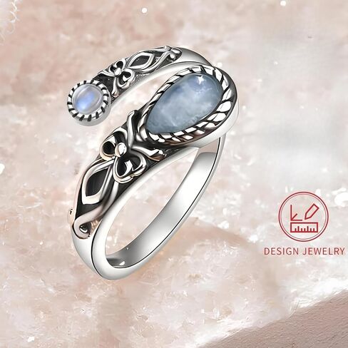 S925 Sterling Silver Adjustable Moonstone Ring - Vintage Boho Spoon Band with Butterfly Detail, Synthetic Stone in Saudi Arabia