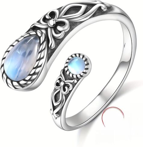 S925 Sterling Silver Adjustable Moonstone Ring - Vintage Boho Spoon Band with Butterfly Detail, Synthetic Stone in Saudi Arabia