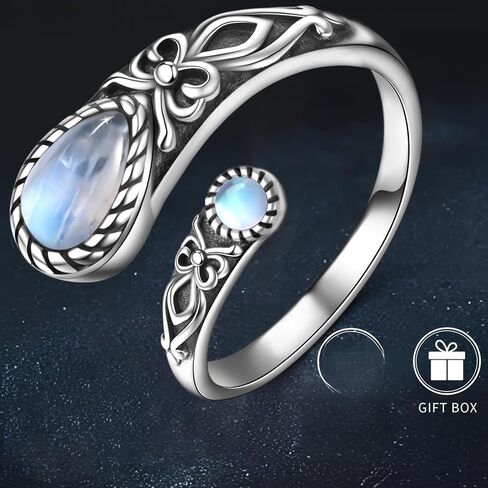 S925 Sterling Silver Adjustable Moonstone Ring - Vintage Boho Spoon Band with Butterfly Detail, Synthetic Stone in Saudi Arabia