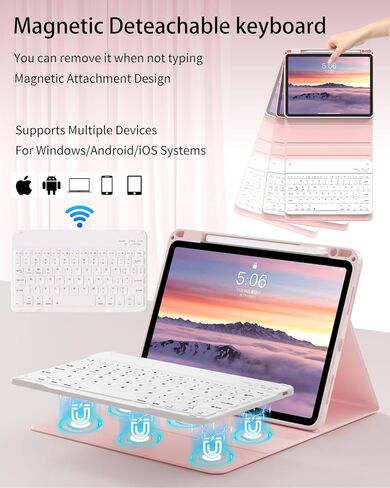 حافظة مع لوحة مفاتيح لجهاز iPad Air 11 بوصة M3/M2 (2025/2024)، iPad Air الجيل الخامس/الرابع 10.9 بوصة (2022/2020)، لوحة مفاتيح بلوتوث قابلة للفصل، غطاء قابل للطي مع حامل قلم رصاص، وردي فاتح in Saudi Arabia