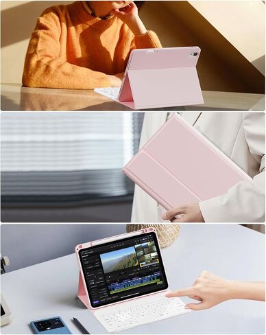 حافظة مع لوحة مفاتيح لجهاز iPad Air 11 بوصة M3/M2 (2025/2024)، iPad Air الجيل الخامس/الرابع 10.9 بوصة (2022/2020)، لوحة مفاتيح بلوتوث قابلة للفصل، غطاء قابل للطي مع حامل قلم رصاص، وردي فاتح in Saudi Arabia