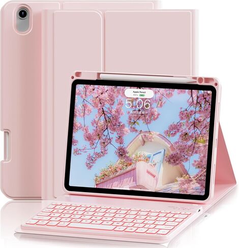 حافظة مع لوحة مفاتيح لجهاز iPad Air 11 بوصة M3/M2 (2025/2024)، iPad Air الجيل الخامس/الرابع 10.9 بوصة (2022/2020)، لوحة مفاتيح بلوتوث قابلة للفصل، غطاء قابل للطي مع حامل قلم رصاص، وردي فاتح in Saudi Arabia