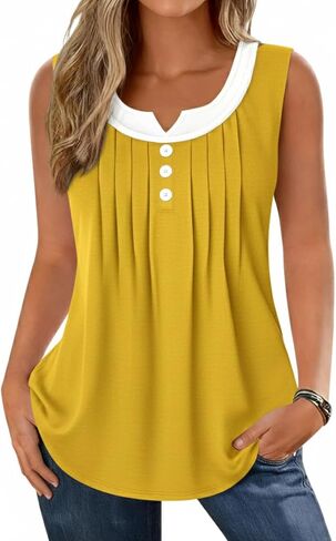 Womens Summer Tops Loose Fit Pleated Front Striped Tank Top Curved Hem Flowy Sleeveless Shirts in Kuwait