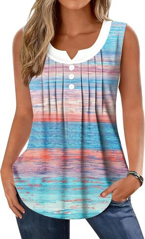 Womens Summer Tops Loose Fit Pleated Front Striped Tank Top Curved Hem Flowy Sleeveless Shirts in Saudi Arabia