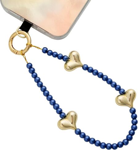 Beaded Phone Wrist Strap for Women Pearl Wristlet Strap Cute Phone Lanyard Golden Heart Shaped Bead Cellphone Chain (Pearl White) in Saudi Arabia
