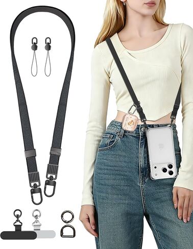 7 in 1 Magnetic Phone Lanyard Crossbody, Adjustable 22-42 Inches, 13mm Flat Braided Strap with Universal Core Adapter & Phone Tabs, Tangle-Free for all phones, camera, airpods (Black) in Saudi Arabia
