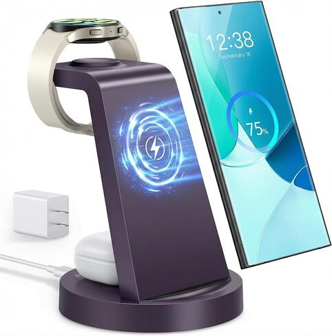شاحن لاسلكي لاجهزة سامسونج: محطة شحن لاسلكية 3 في 1 لساعة سامسونج جالاكسي 8 7 6 5 4 3 Pro Classic Galaxy Buds - أرجواني in Saudi Arabia