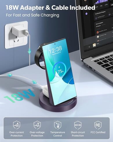شاحن لاسلكي لاجهزة سامسونج: محطة شحن لاسلكية 3 في 1 لساعة سامسونج جالاكسي 8 7 6 5 4 3 Pro Classic Galaxy Buds - أرجواني in Saudi Arabia