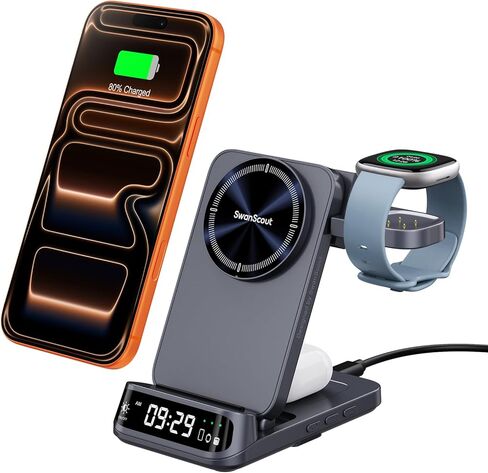 Magnetic Wireless Charger for Fitbit Versa 4/3/Sense 2/1/Ace LTE, 3 in 1 Charging Station for iPhone Air/17/16/15/14, for Samsung S25/S24/S23, for Google 9 Pro/9a/8/7, SwanScout 708MG2 (No Adapter) in Saudi Arabia