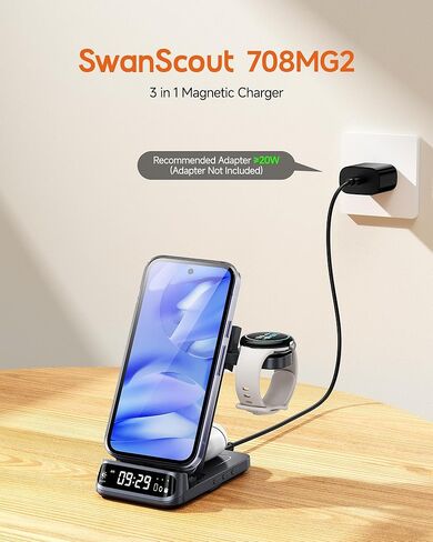 Magnetic Wireless Charger for Fitbit Versa 4/3/Sense 2/1/Ace LTE, 3 in 1 Charging Station for iPhone Air/17/16/15/14, for Samsung S25/S24/S23, for Google 9 Pro/9a/8/7, SwanScout 708MG2 (No Adapter) in Saudi Arabia