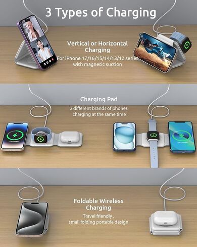 Wireless Charging Station for MagSafe,3 in 1 Floldable Wireless Charger,Magnetic Wireless Charging Stand for iPhone 17/Air/16/15/14/13/12 Series,for Apple Watch and Airpods in Saudi Arabia