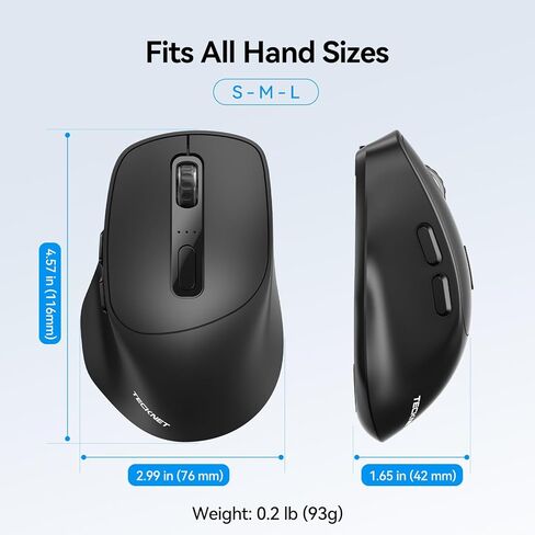 TECKNET ماوس لاسلكي 3 أجهزة، وضع مزدوج قابل لإعادة الشحن (2.4G & BT 5.0)، ماوس USB-A صامت وماوس بلوتوث، 6-DPI حتى 4800، توافق واسع - أسود in Saudi Arabia