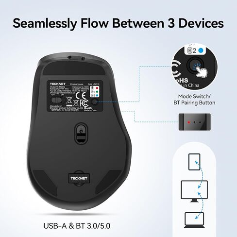 TECKNET ماوس لاسلكي 3 أجهزة، وضع مزدوج قابل لإعادة الشحن (2.4G & BT 5.0)، ماوس USB-A صامت وماوس بلوتوث، 6-DPI حتى 4800، توافق واسع - أسود in Saudi Arabia