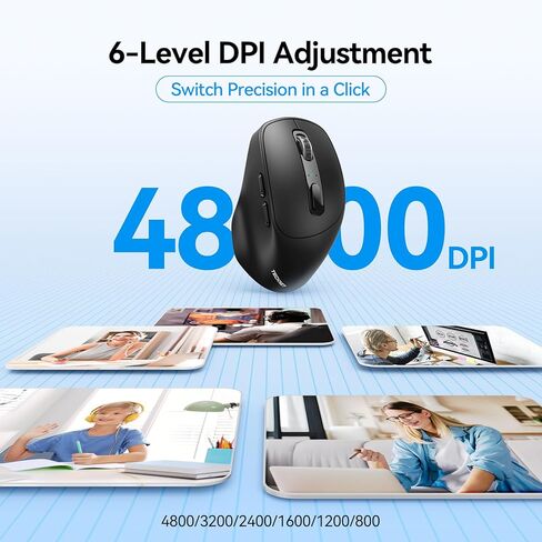 TECKNET ماوس لاسلكي 3 أجهزة، وضع مزدوج قابل لإعادة الشحن (2.4G & BT 5.0)، ماوس USB-A صامت وماوس بلوتوث، 6-DPI حتى 4800، توافق واسع - أسود in Saudi Arabia