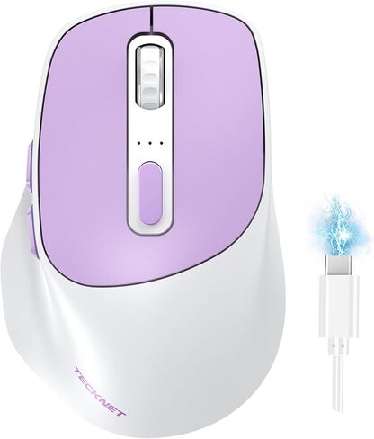 TECKNET ماوس لاسلكي 3 أجهزة، وضع مزدوج قابل لإعادة الشحن (2.4G & BT 5.0)، ماوس USB-A صامت وماوس بلوتوث، 6-DPI حتى 4800، توافق واسع - أرجواني وأبيض in Saudi Arabia