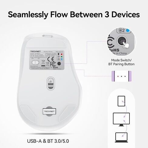 TECKNET ماوس لاسلكي 3 أجهزة، وضع مزدوج قابل لإعادة الشحن (2.4G & BT 5.0)، ماوس USB-A صامت وماوس بلوتوث، 6-DPI حتى 4800، توافق واسع - أرجواني وأبيض in Saudi Arabia