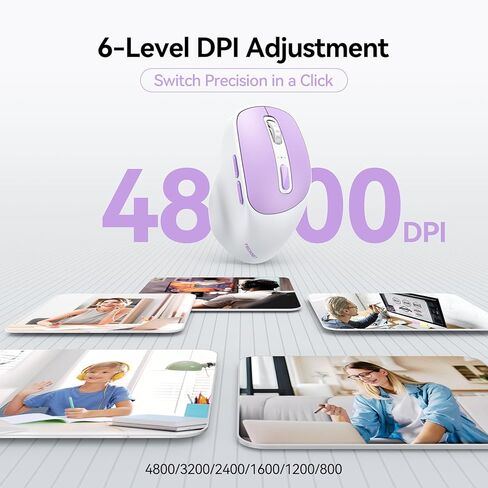 TECKNET ماوس لاسلكي 3 أجهزة، وضع مزدوج قابل لإعادة الشحن (2.4G & BT 5.0)، ماوس USB-A صامت وماوس بلوتوث، 6-DPI حتى 4800، توافق واسع - أرجواني وأبيض in Saudi Arabia