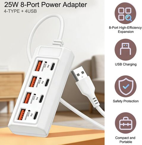 8-Port USB to 4 USB 4 Type-C 25W Fast Charging Hub, Multi-Port High-Speed Charging, Compatible with 5V Devices, Including Computers, Laptops, Tablets, etc in Saudi Arabia