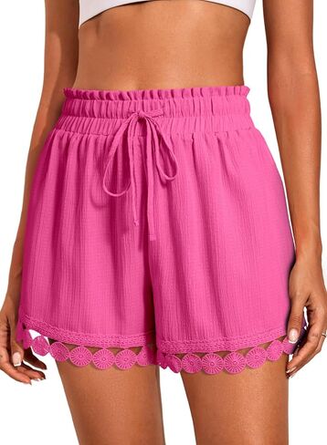 Dokotoo Womens Shorts Summer Casual Loose Elastic Waist Drawstring Lace Boho Beach Cover Up Shorts in Kuwait