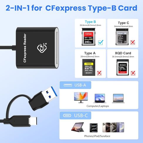 2-in-1 Type B CFexpress USB C&USB A Type B Card Reader for iPhone,USB 3.2 (Gen 2) 10Gbps CFexpress Adapter for iPhone 16 15/iPad/Samsung/Laptops/Tablets with Windows/Mac/Linux/Android-Plug&Play in Kuwait