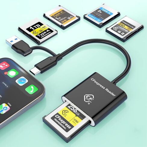 Type A CFexpress USB C&USB A 2-in-1 Type A Card Reader for iPhone,USB 3.2 (Gen 2) 10Gbps CFexpress Adapter for iPhone 16 15/iPad/Samsung/Laptops/Tablets with Windows/Mac/Linux/Android-Plug&Play in Saudi Arabia