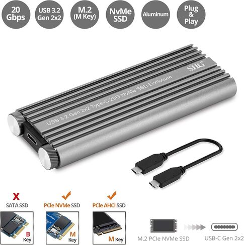 SIIG USB 3.2 Gen 2x2 Type-C 20G M.2 NVMe SSD Enclosure, USB 3.2 Gen 2x2 20Gbps Type-C to NVMe PCIe M-Key, Aluminum Heat Dissipation Design, Thermal pad, Tool Free, UASP, ASM2364 Chipset (JU-SA0X11-S1) in Saudi Arabia