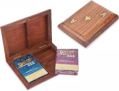 Ajuny Handcrafted Wooden Double Deck Playing Card Box Holder Decorative Storage Case Organizer With 2 Set of Playing Cards Anniversary Housewarming Gifts (15x12 cm) in Saudi Arabia