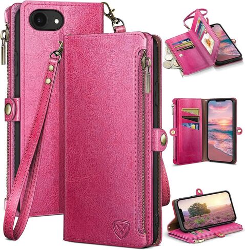XcaseBar compatible with ‌iPhone 16e 6.1"/17e 6.1" Wallet case with Zipper Credit Card Holder【RFID Blocking】,Flip Folio Book PU Leather Phone case Shockproof Cover Women Men for Apple16e case Wine Red in Saudi Arabia
